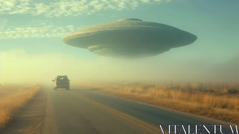 Surreal Encounter: Car and Saucer on Rural Road AI Image