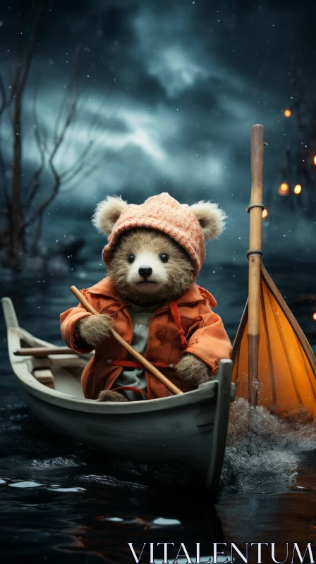 Teddy Bear in Boat Night Scene AI Image