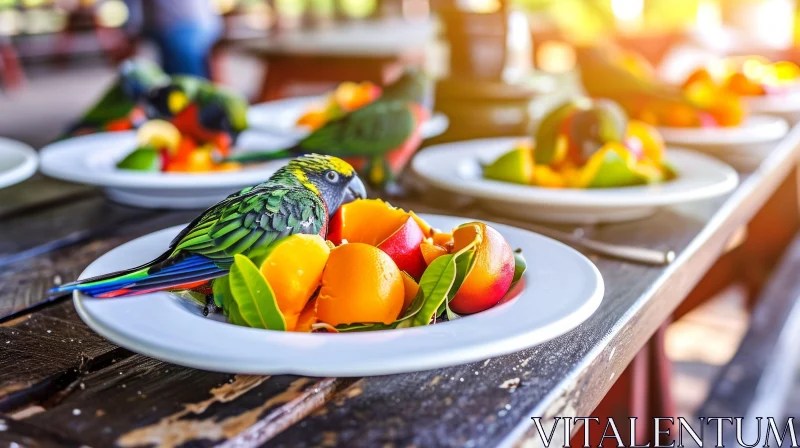 Vibrant Parrot on a Fruit-Filled Plate - Nature's Delight AI Image