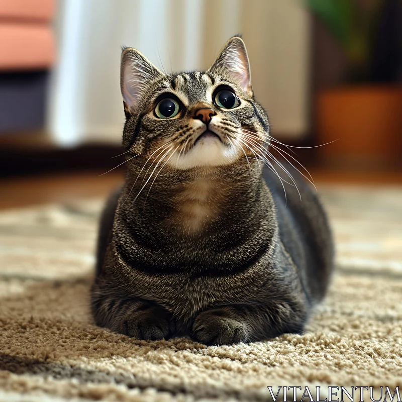 Adorable Tabby Cat with Wide Eyes on a Rug AI Image