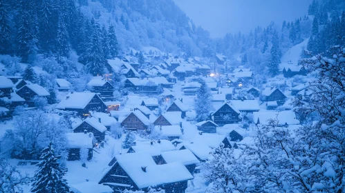 Twilight in a Snowy Mountain Village