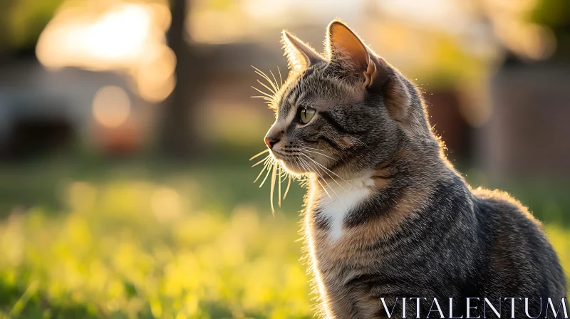 Sunlit Portrait of a Tabby Cat Outdoors AI Image