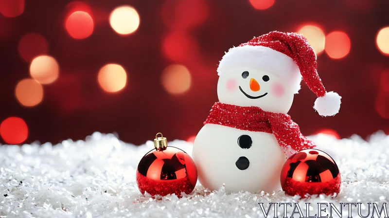 Cheerful Snowman Amidst Christmas Ornaments and Bokeh Lights AI Image