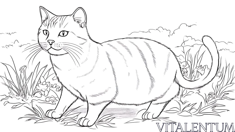 Cat Line Art in a Grassy Field AI Image