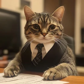 Cat in Business Attire at a Desk