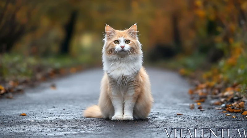 Cute Cat Resting on a Wet Path with Autumn Colors AI Image