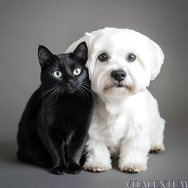 Companionship of a Black Cat and White Dog AI Image