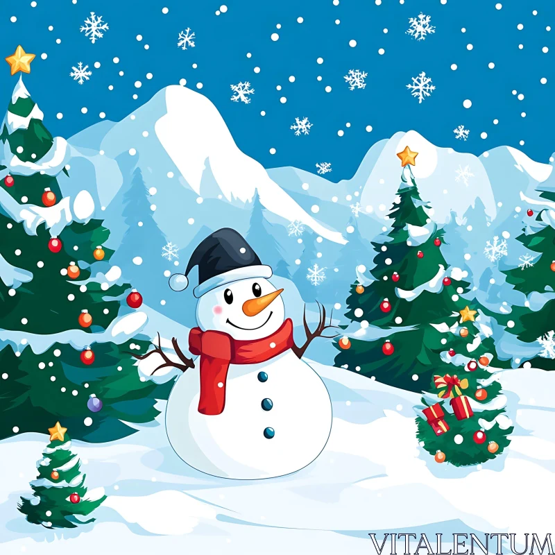 Festive Snowman in Snowy Christmas Setting AI Image