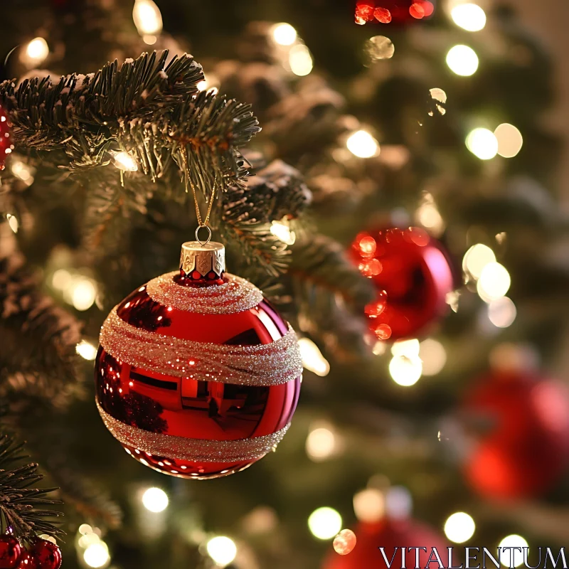 Christmas Tree with Red Ornament and Lights AI Image