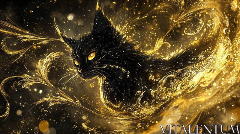 AI ART Elegant Black Cat in Gold