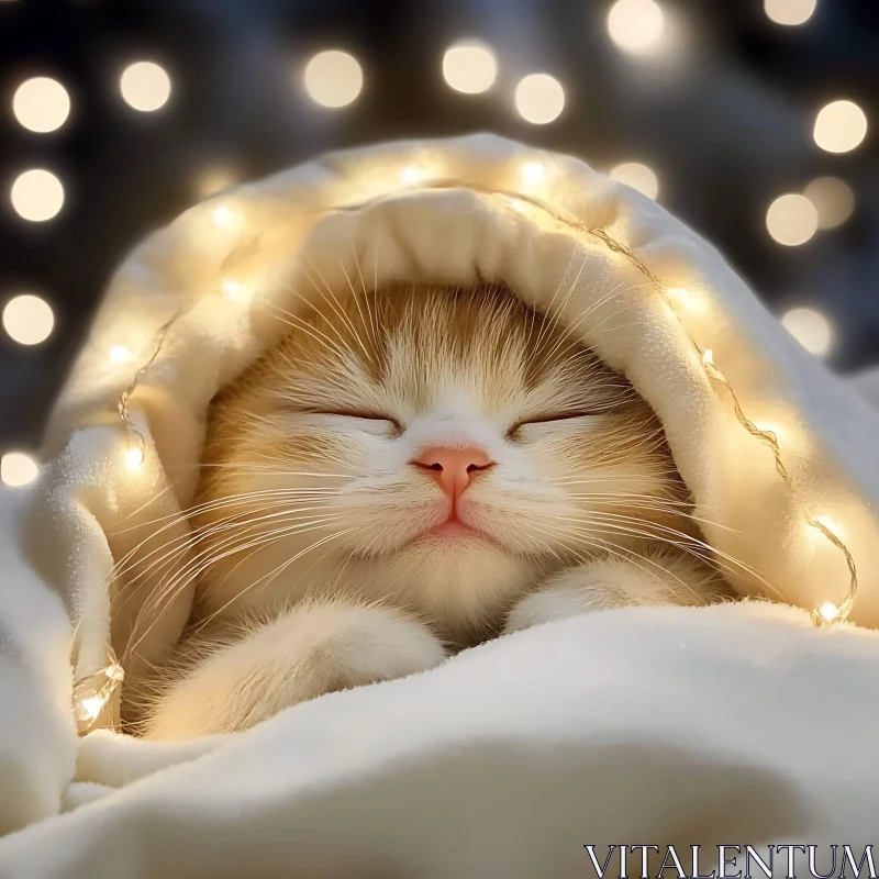 Cozy Kitten Wrapped in Blanket with Soft Lights AI Image