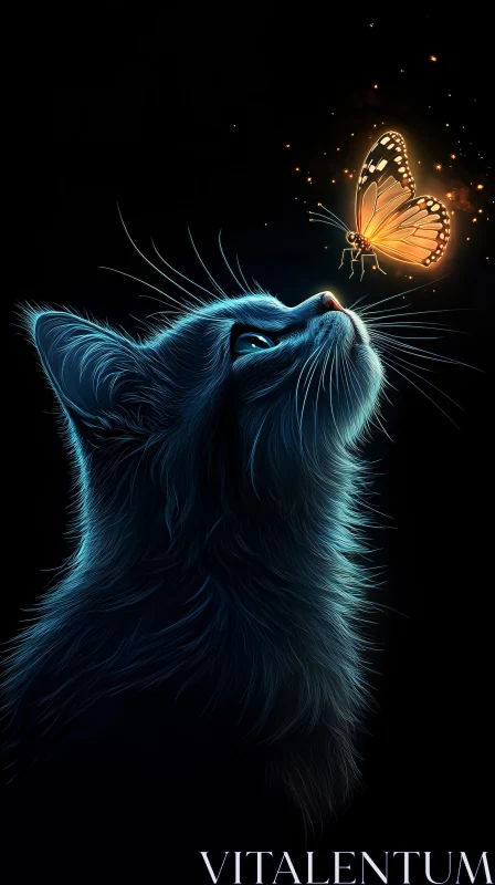 Mystical Cat and Radiant Butterfly in the Dark AI Image