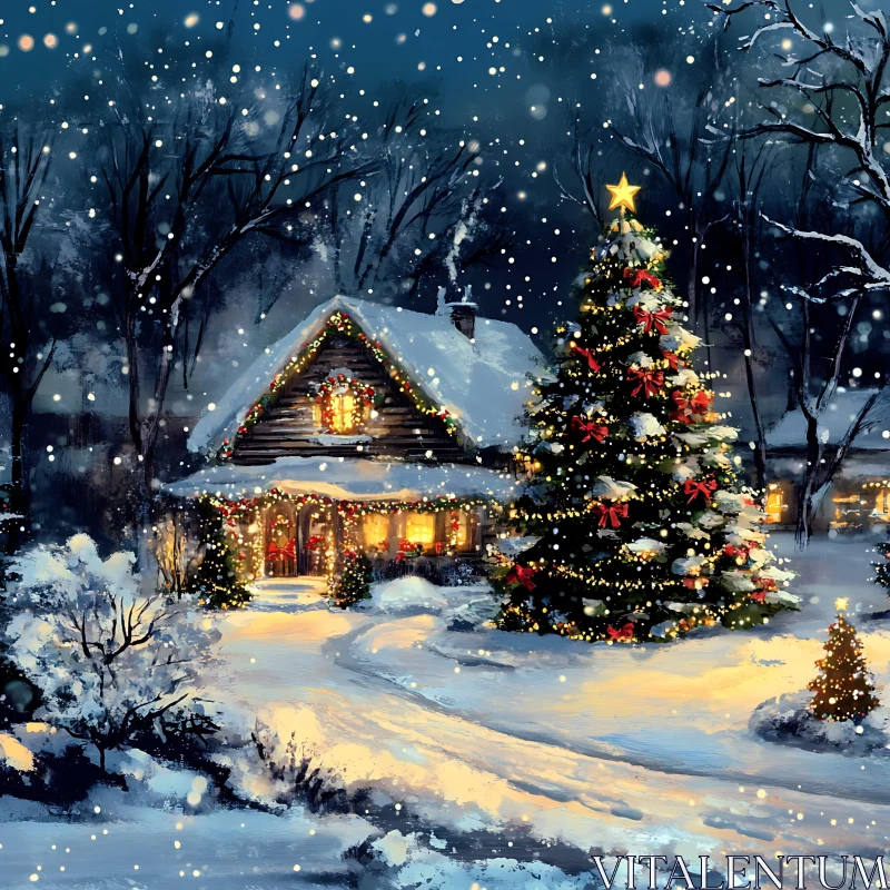 Snowy Cabin with Christmas Tree AI Image