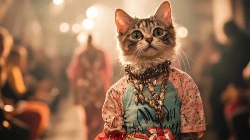 Cat in Glamorous Attire on Fashion Runway