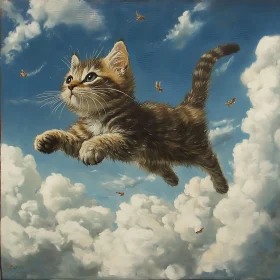 Fantastical Kitten Soaring Through the Clouds