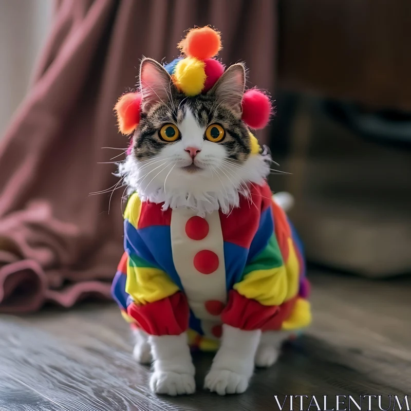 Cute Cat in Vibrant Clown Outfit AI Image