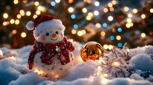 Festive Snowman Adorned for Christmas with Lights and Ornaments