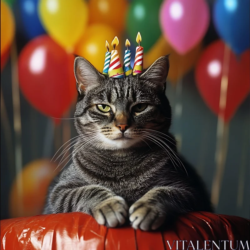 AI ART Cat with Birthday Hat and Balloons