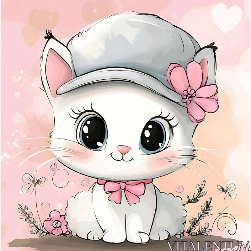 Cute Kitten in Hat and Pink Bow AI Image