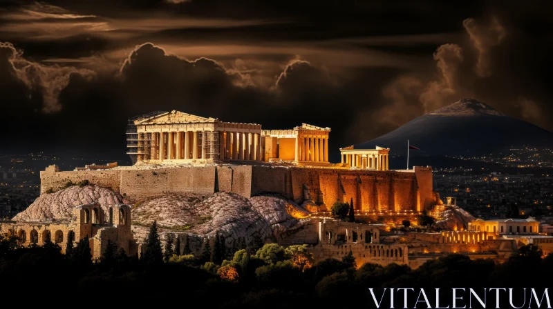Ancient Acropolis at Night: A Captivating Surrealistic View AI Image