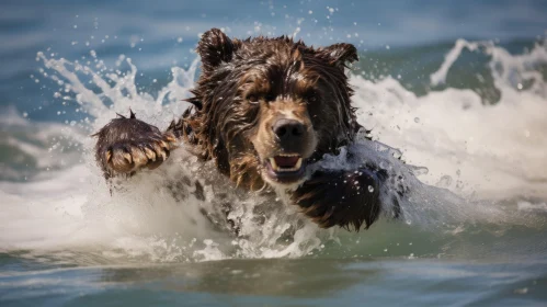 Brown Bear Splashing in Ocean - Photorealistic Detailed Portraiture