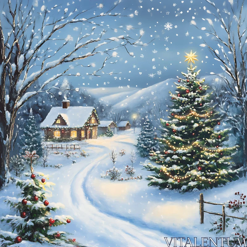 Winter Wonderland with Festive Cabin and Christmas Tree AI Image