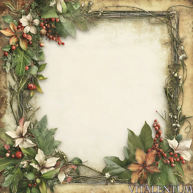 Floral Frame with Greenery and Red Berries AI Image