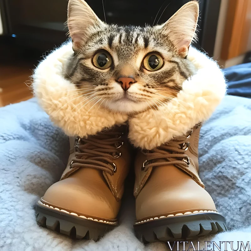 Cute Tabby Cat in Tan Boots with Fluffy Fur Lining AI Image