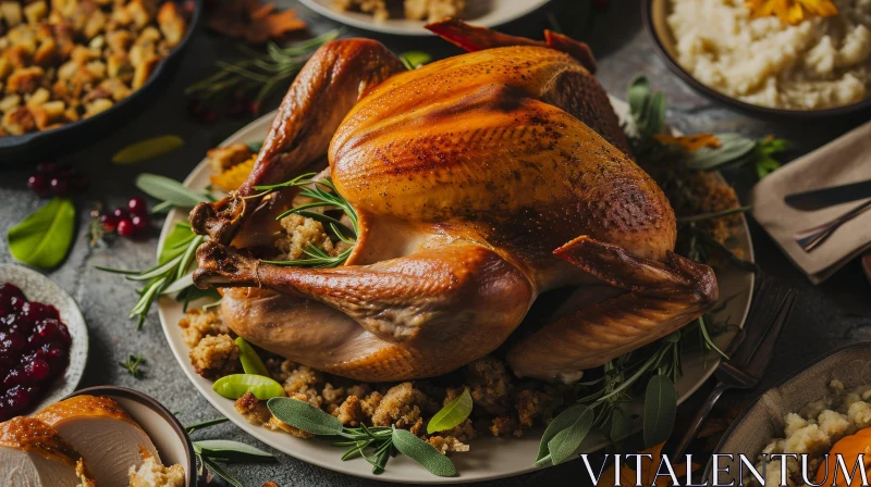 Delicious Thanksgiving Roasted Turkey with Stuffing, Cranberries, and Mashed Potatoes AI Image