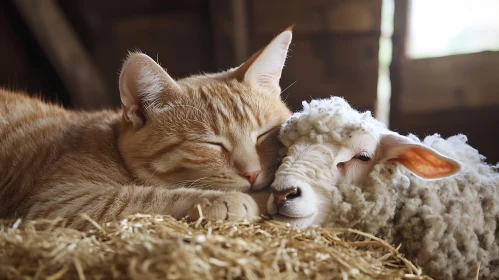 Cat and Lamb Sleeping Together on Hay