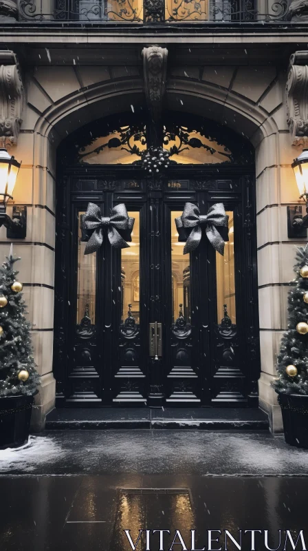 Elegant Black Door with Christmas Decorations | Gilded Age | New York City AI Image