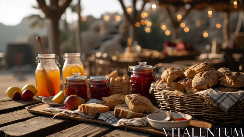 Elegant Wooden Table Set with Bread, Jams, and Juices | Captivating Food Photography AI Image