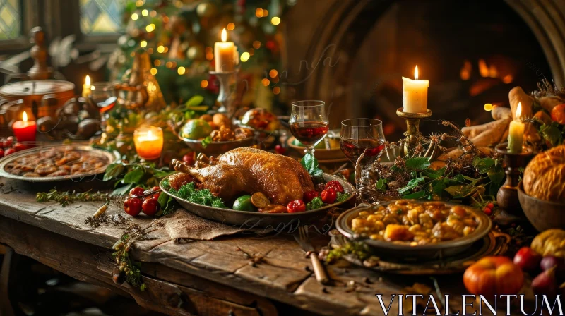 Festive Holiday Dinner Table with Roasted Turkey and Decorations AI Image