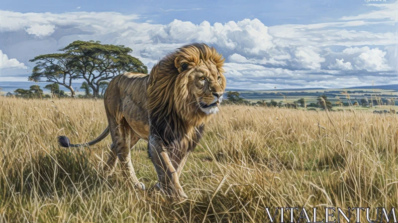 Majestic Lion in a Golden Grass Field AI Image
