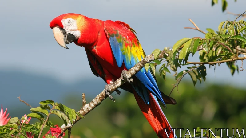 Vibrant Scarlet Macaw Perched Amidst Green Foliage AI Image