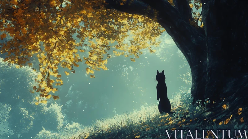 Autumn tranquility with black cat AI Image