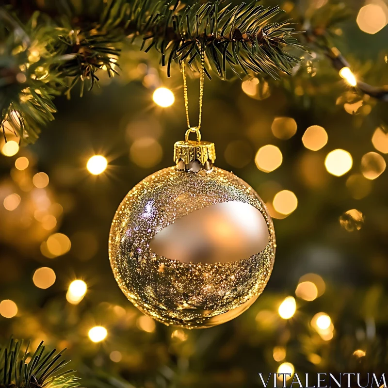 Festive Golden Bauble Hanging on Tree AI Image