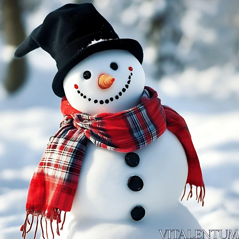 Snowman Wearing Top Hat and Scarf AI Image