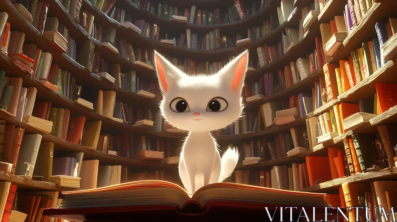 Cute Kitten in a Book-filled Library AI Image