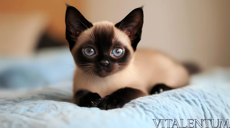 Blue-Eyed Siamese Kitten Relaxing on Blanket AI Image