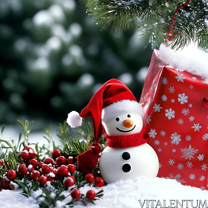 Festive Snowman with Santa Hat and Gift Bag AI Image