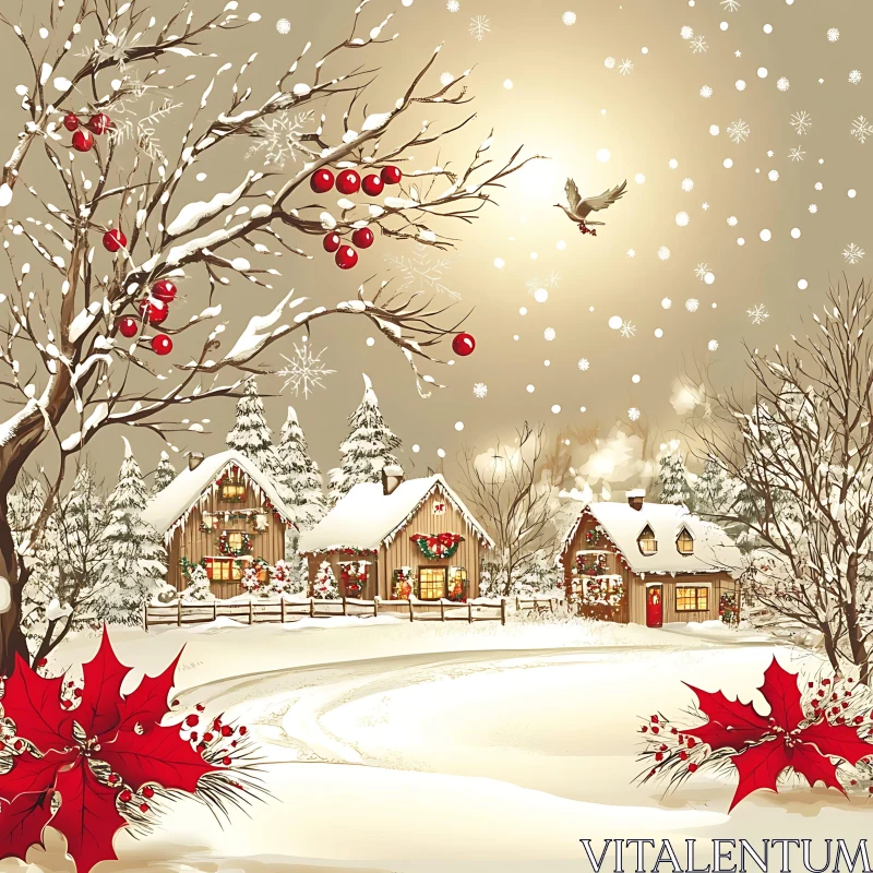 Charming Winter Wonderland with Decorated Cabins AI Image