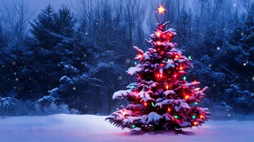 Christmas Tree with Lights in Winter Forest