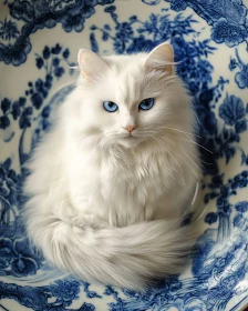 White Fluffy Cat with Blue Eyes in Patterned Ceramic Bowl