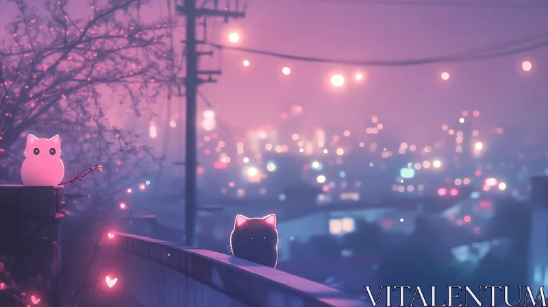 Whimsical Cats in a Glowing Cityscape at Night AI Image