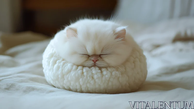 Peaceful Slumber of a Fluffy White Kitten AI Image