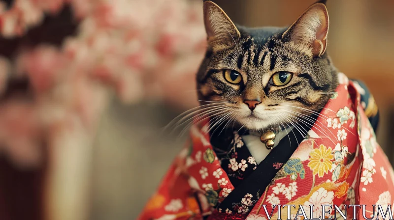 Graceful Cat in Floral Kimono AI Image