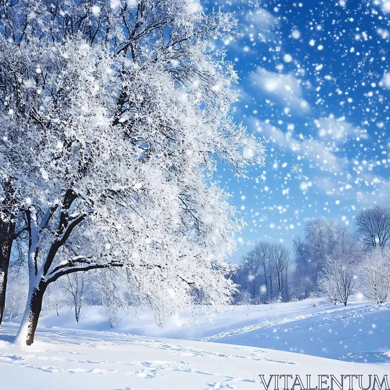 Snowfall Over a Winter Forest Scene AI Image