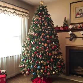 Festive Christmas Tree with Ornaments and Stockings by Fireplace