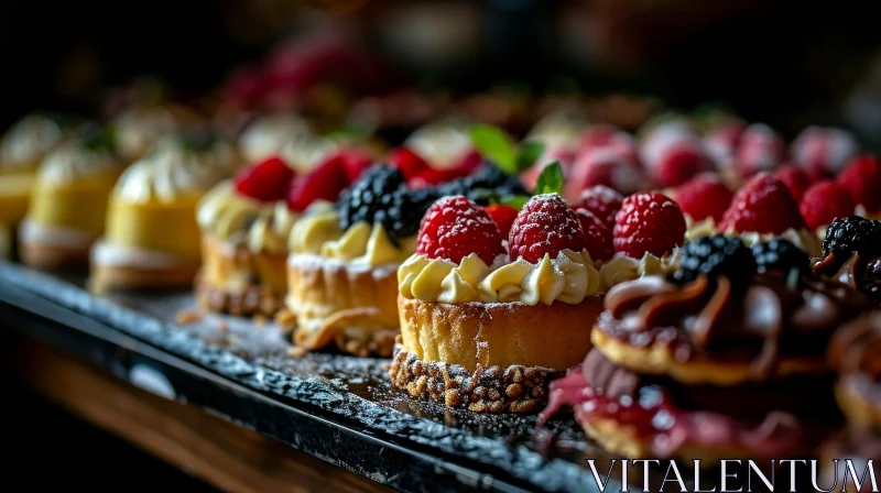 Colorful and Delicious Pastries on a Black Marble Slab AI Image